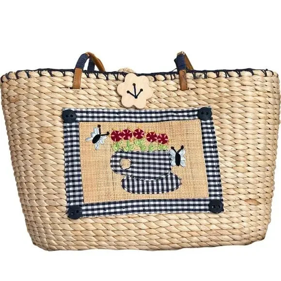 Breckenridge Straw Tote Bag Purse Blonde Wicker Picnic Blue Check Teacup Bee - Picture 2 of 10